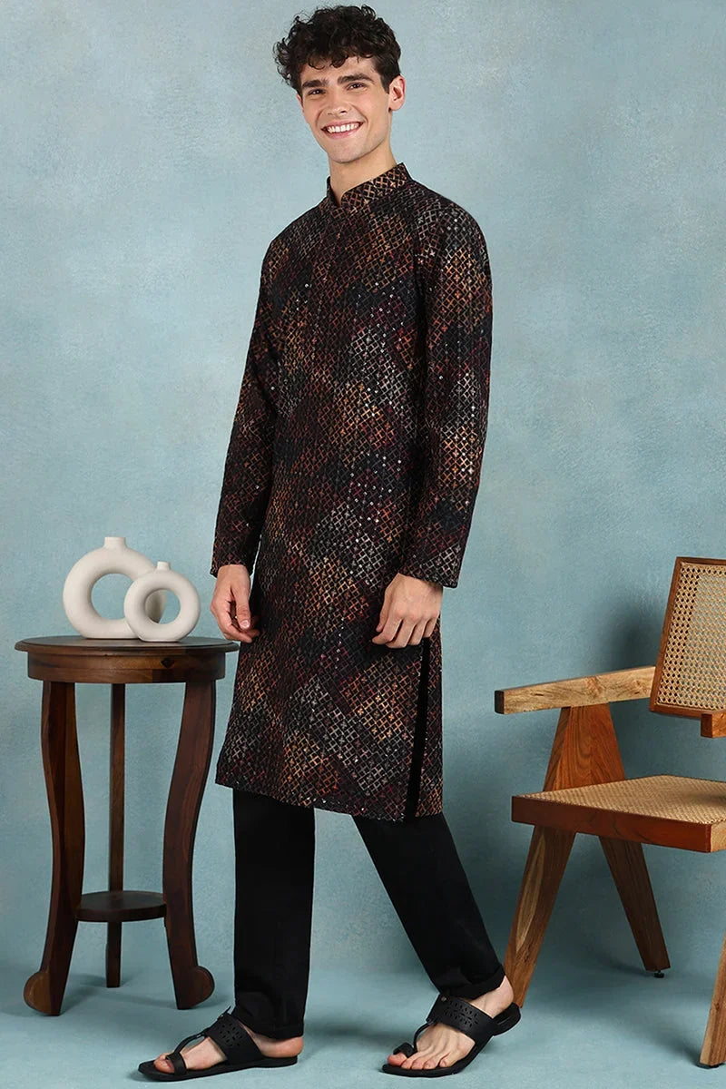 Black Viscose Rayon Ethnic Motifs Embroidered Straight Kurta For Men MKU1020BLK