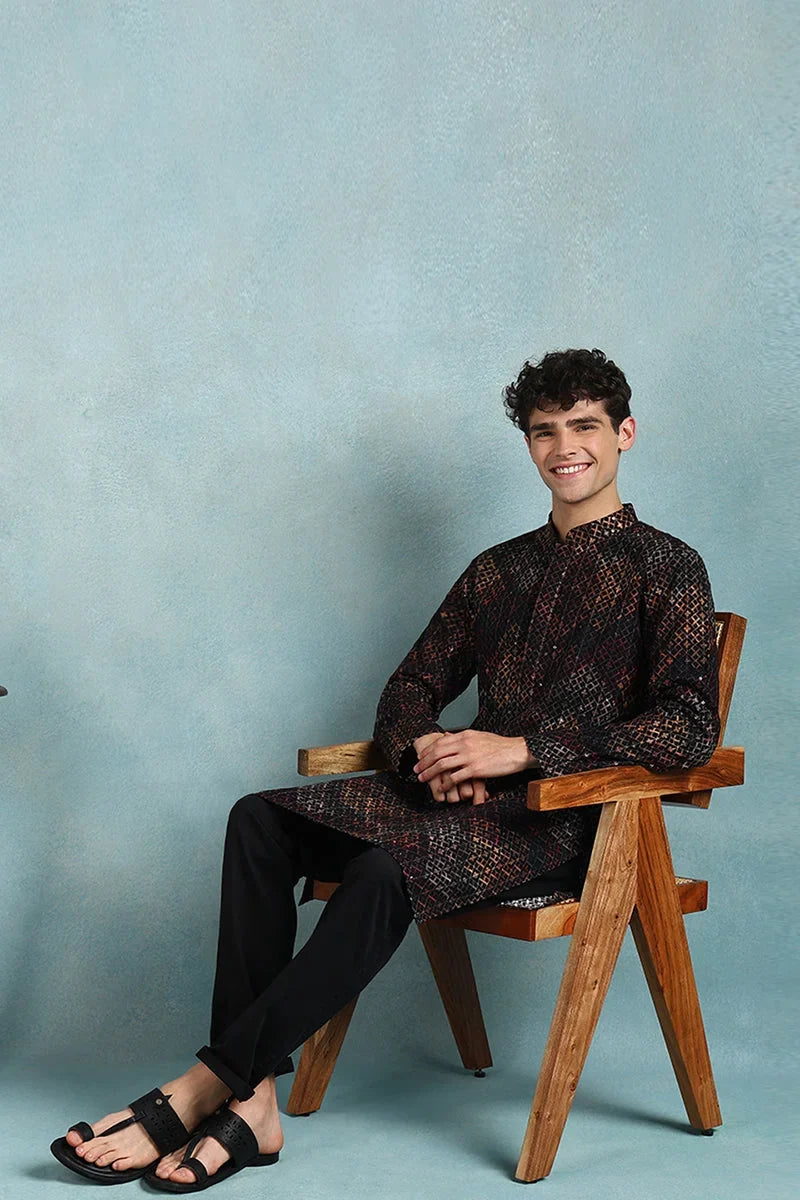 Black Viscose Rayon Ethnic Motifs Embroidered Straight Kurta For Men MKU1020BLK
