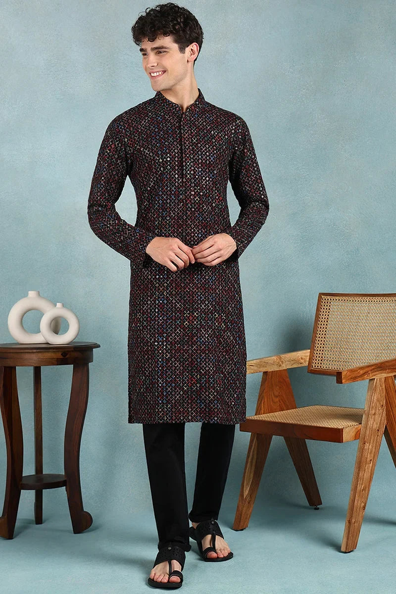 Black Viscose Rayon Ethnic Motifs Embroidered Straight Kurta For Men MKU1021BLK