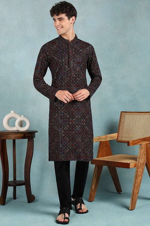 Black Viscose Rayon Ethnic Motifs Embroidered Straight Kurta For Men MKU1021BLK
