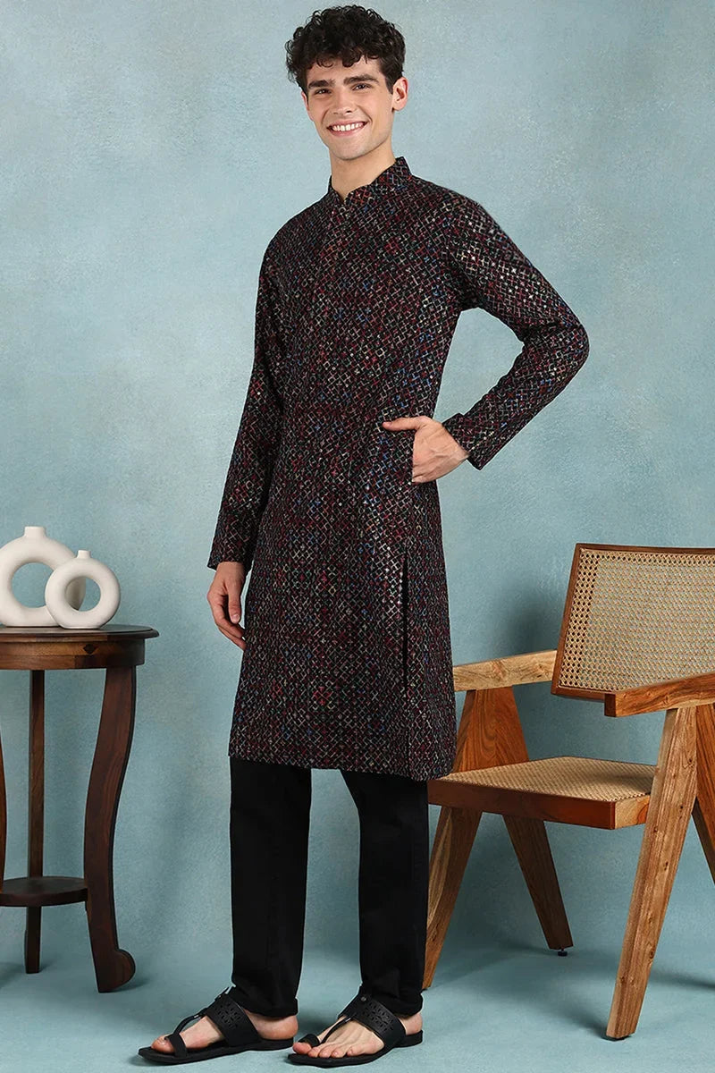 Black Viscose Rayon Ethnic Motifs Embroidered Straight Kurta For Men MKU1021BLK