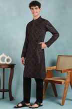 Black Viscose Rayon Ethnic Motifs Embroidered Straight Kurta For Men MKU1021BLK