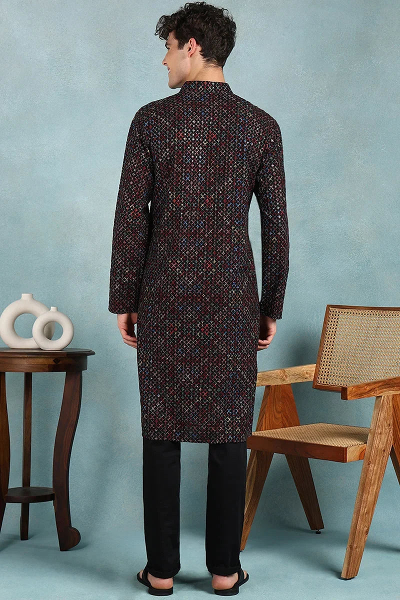 Black Viscose Rayon Ethnic Motifs Embroidered Straight Kurta For Men MKU1021BLK