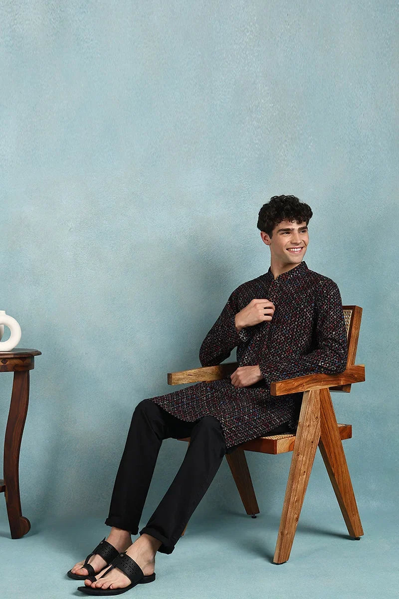 Black Viscose Rayon Ethnic Motifs Embroidered Straight Kurta For Men MKU1021BLK
