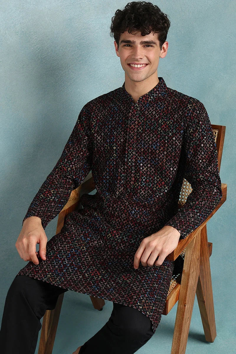 Black Viscose Rayon Ethnic Motifs Embroidered Straight Kurta For Men MKU1021BLK