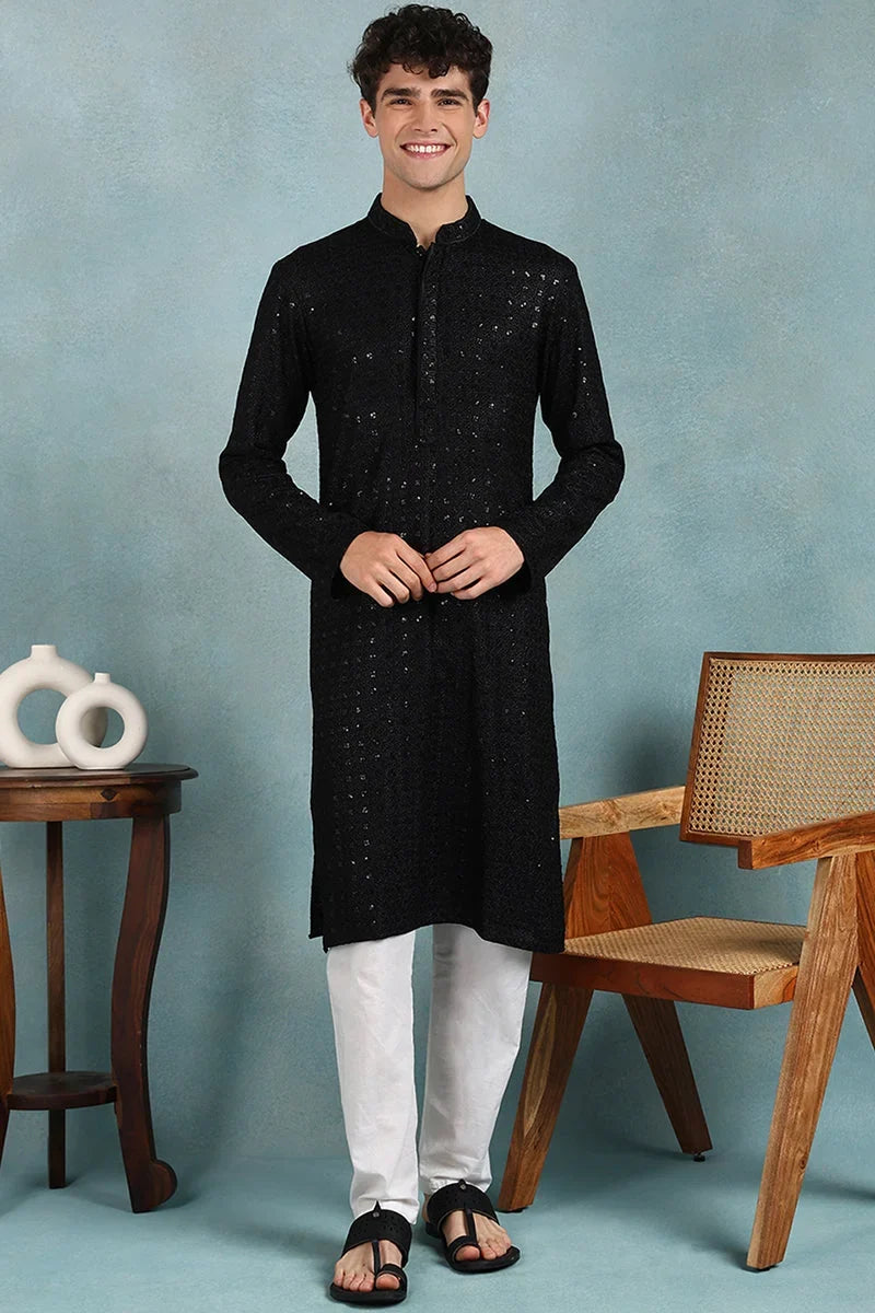 Black Viscose Rayon Solid Embroidered Straight Kurta For Men MKU1022BLK