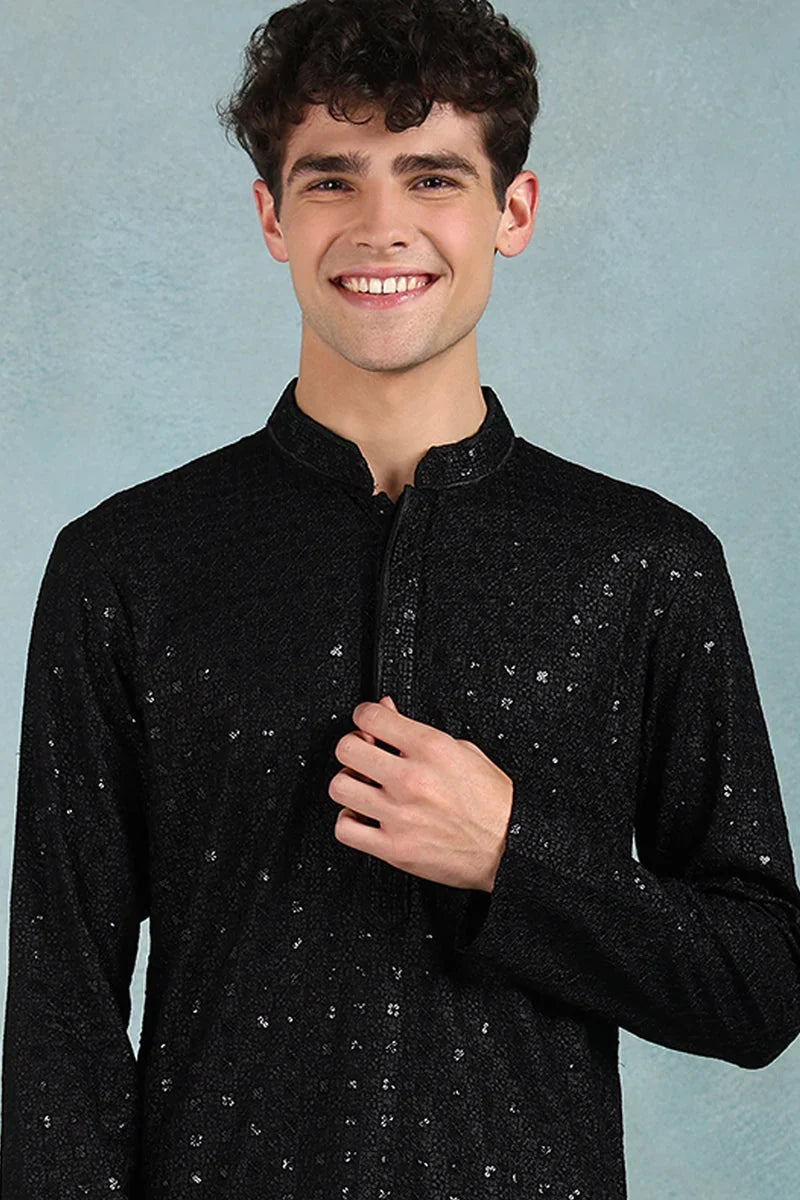 Black Viscose Rayon Solid Embroidered Straight Kurta For Men MKU1022BLK