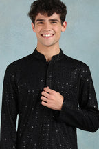 Black Viscose Rayon Solid Embroidered Straight Kurta For Men MKU1022BLK