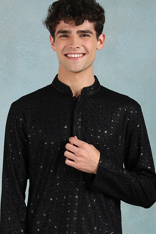Black Viscose Rayon Solid Embroidered Straight Kurta For Men MKU1022BLK