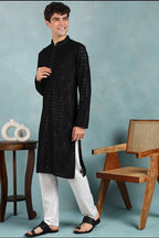 Black Viscose Rayon Solid Embroidered Straight Kurta For Men MKU1022BLK