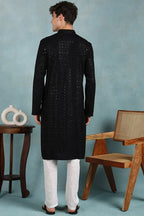 Black Viscose Rayon Solid Embroidered Straight Kurta For Men MKU1022BLK