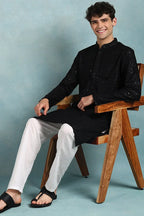 Black Viscose Rayon Solid Embroidered Straight Kurta For Men MKU1022BLK