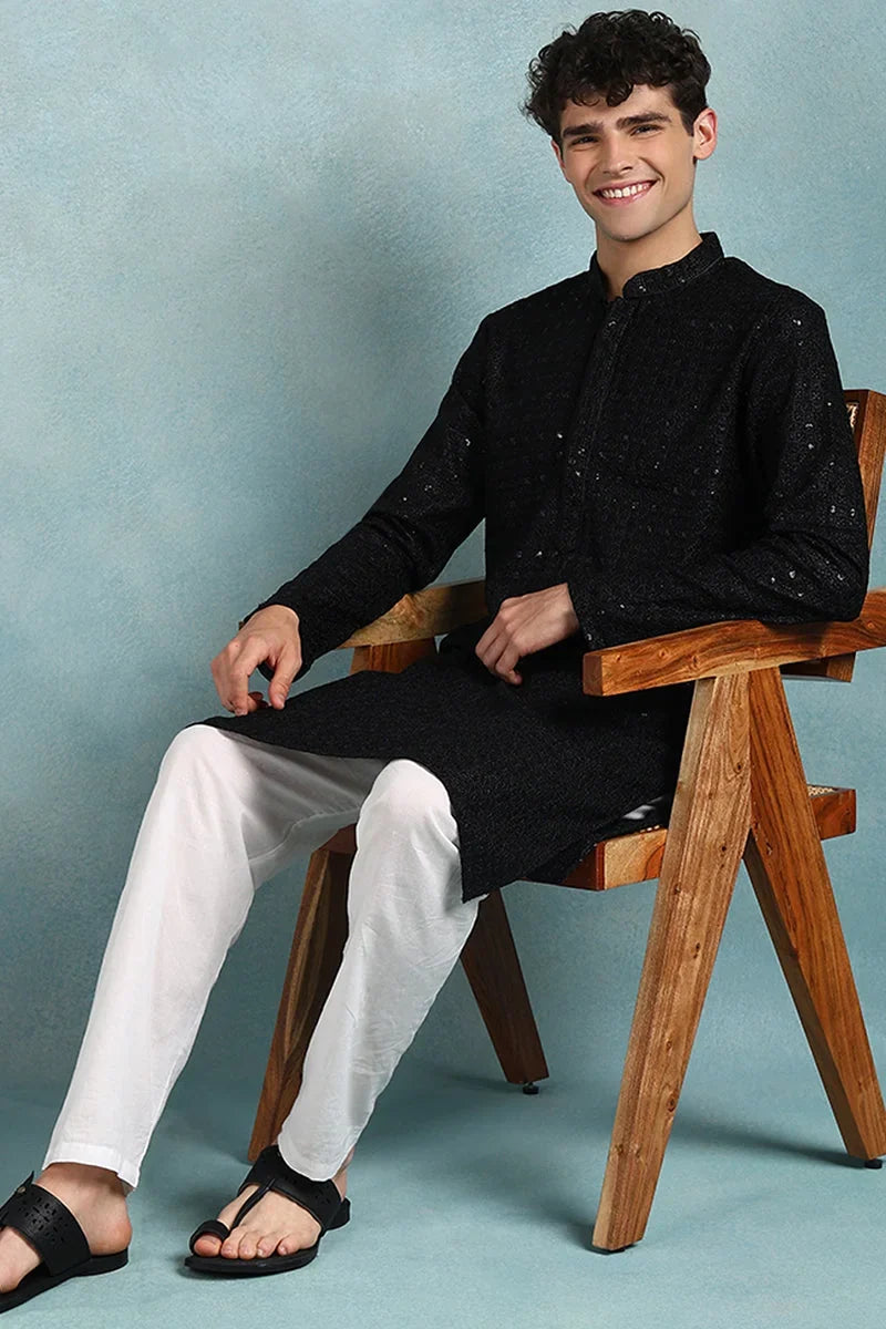 Black Viscose Rayon Solid Embroidered Straight Kurta For Men MKU1022BLK