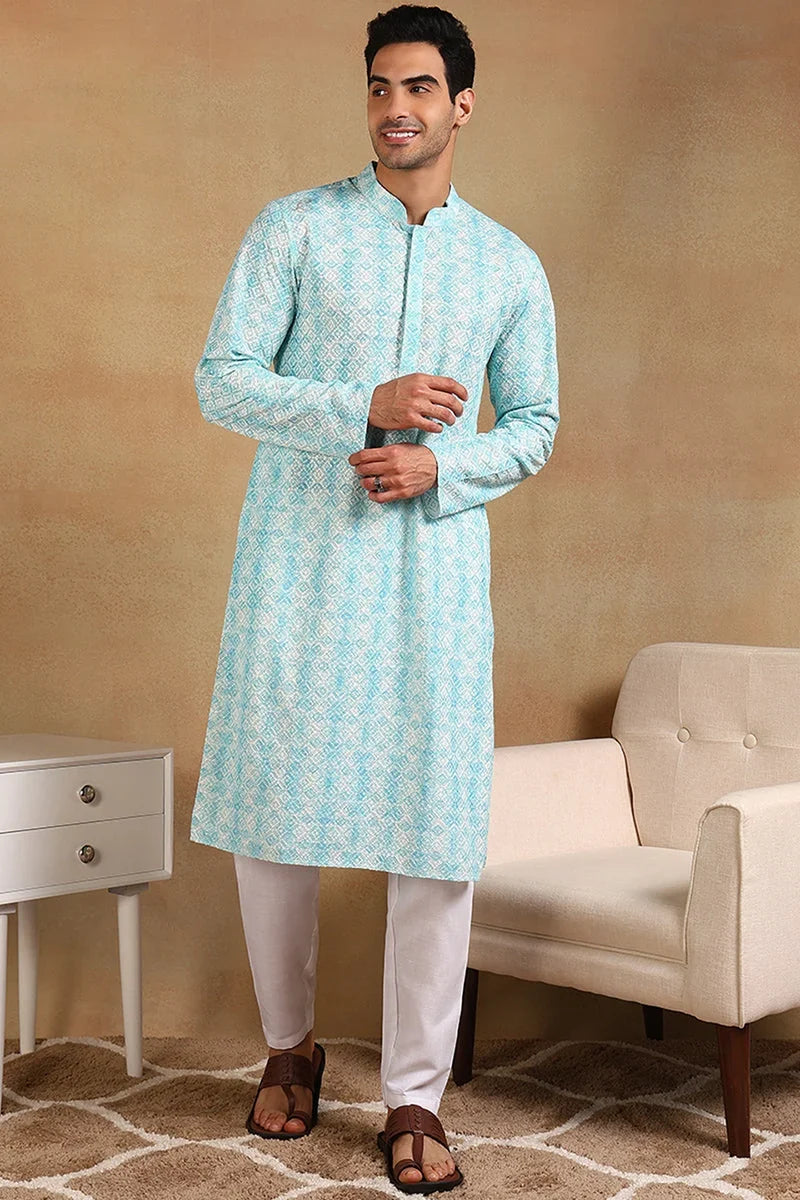Turquoise Blue Viscose Rayon Geometric Embroidered Straight Kurta For Men MKU1022BLU