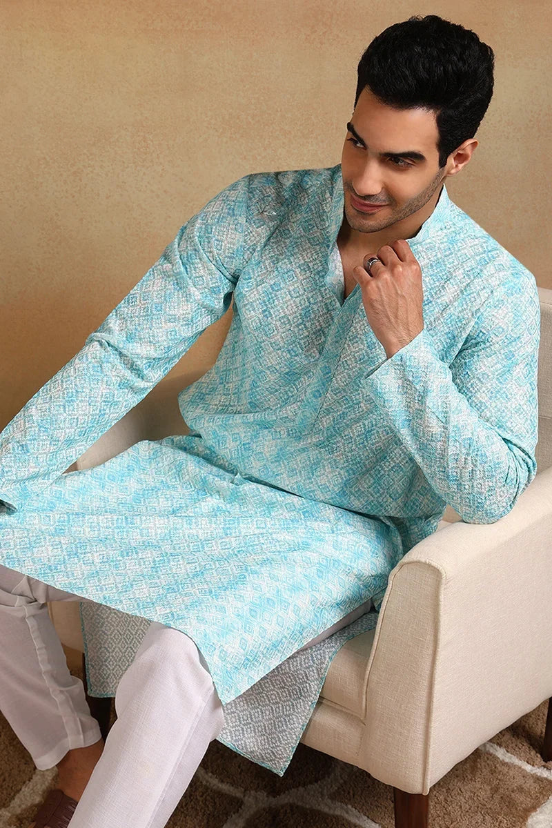 Turquoise Blue Viscose Rayon Geometric Embroidered Straight Kurta For Men MKU1022BLU