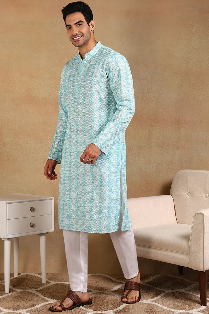 Turquoise Blue Viscose Rayon Geometric Embroidered Straight Kurta For Men MKU1022BLU