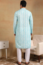 Turquoise Blue Viscose Rayon Geometric Embroidered Straight Kurta For Men MKU1022BLU