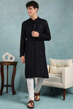 Navy Blue Viscose Rayon Solid Embroidered Straight Kurta For Men MKU1022DBLU