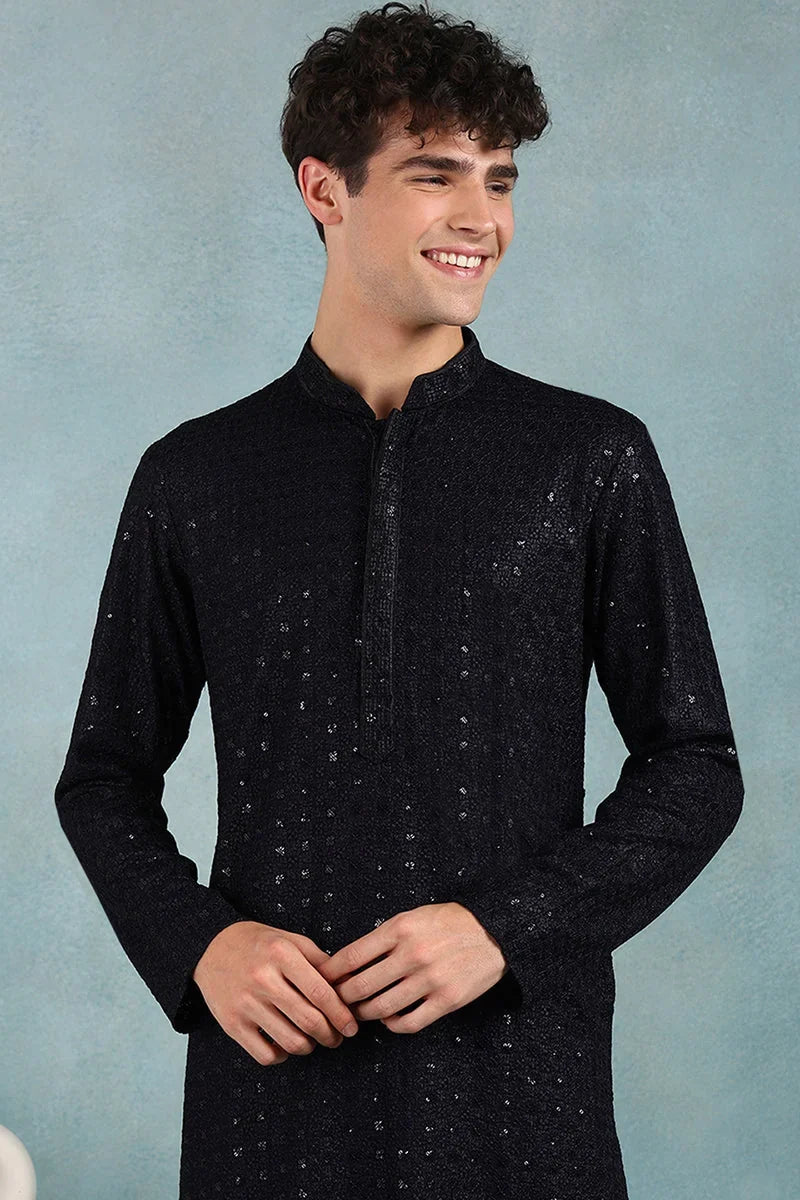 Navy Blue Viscose Rayon Solid Embroidered Straight Kurta For Men MKU1022DBLU
