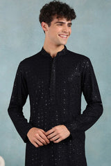 Navy Blue Viscose Rayon Solid Embroidered Straight Kurta For Men MKU1022DBLU