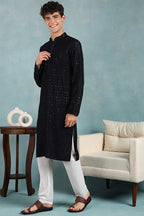 Navy Blue Viscose Rayon Solid Embroidered Straight Kurta For Men MKU1022DBLU