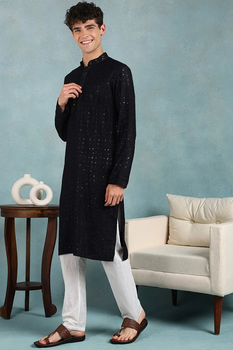 Navy Blue Viscose Rayon Solid Embroidered Straight Kurta For Men MKU1022DBLU