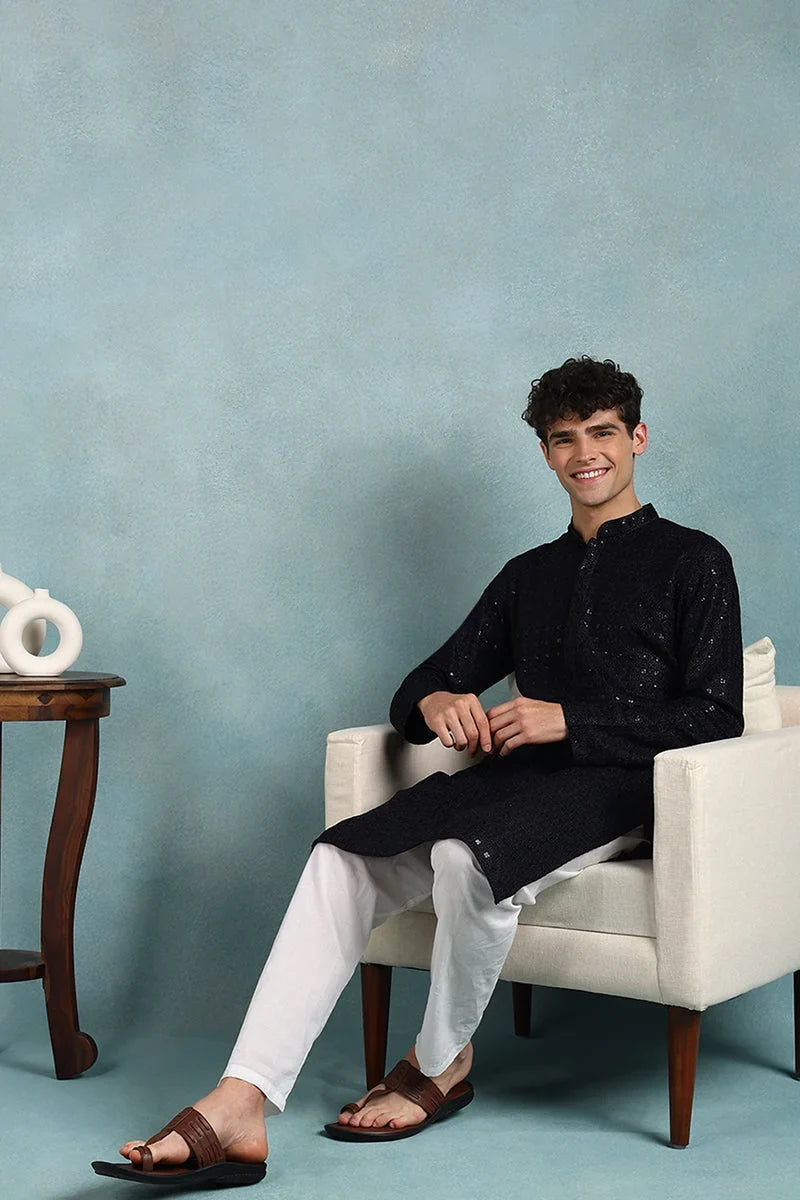 Navy Blue Viscose Rayon Solid Embroidered Straight Kurta For Men MKU1022DBLU