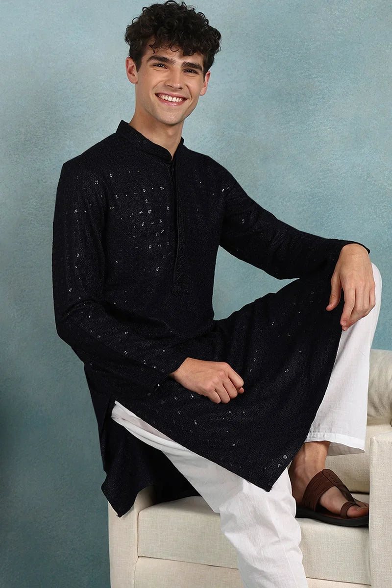 Navy Blue Viscose Rayon Solid Embroidered Straight Kurta For Men MKU1022DBLU