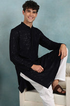 Navy Blue Viscose Rayon Solid Embroidered Straight Kurta For Men MKU1022DBLU