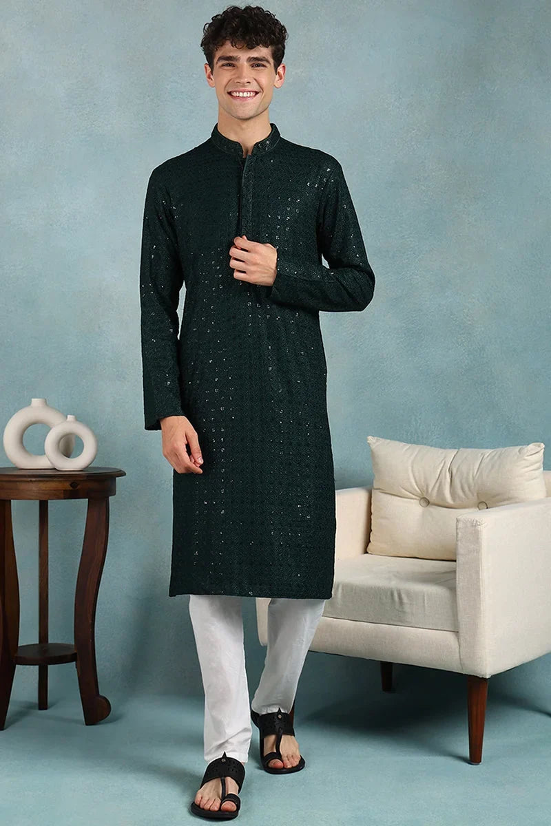 Green Viscose Rayon Solid Embroidered Straight Kurta For Men MKU1022GRN