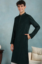 Green Viscose Rayon Solid Embroidered Straight Kurta For Men MKU1022GRN