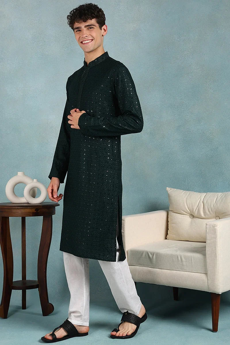 Green Viscose Rayon Solid Embroidered Straight Kurta For Men MKU1022GRN