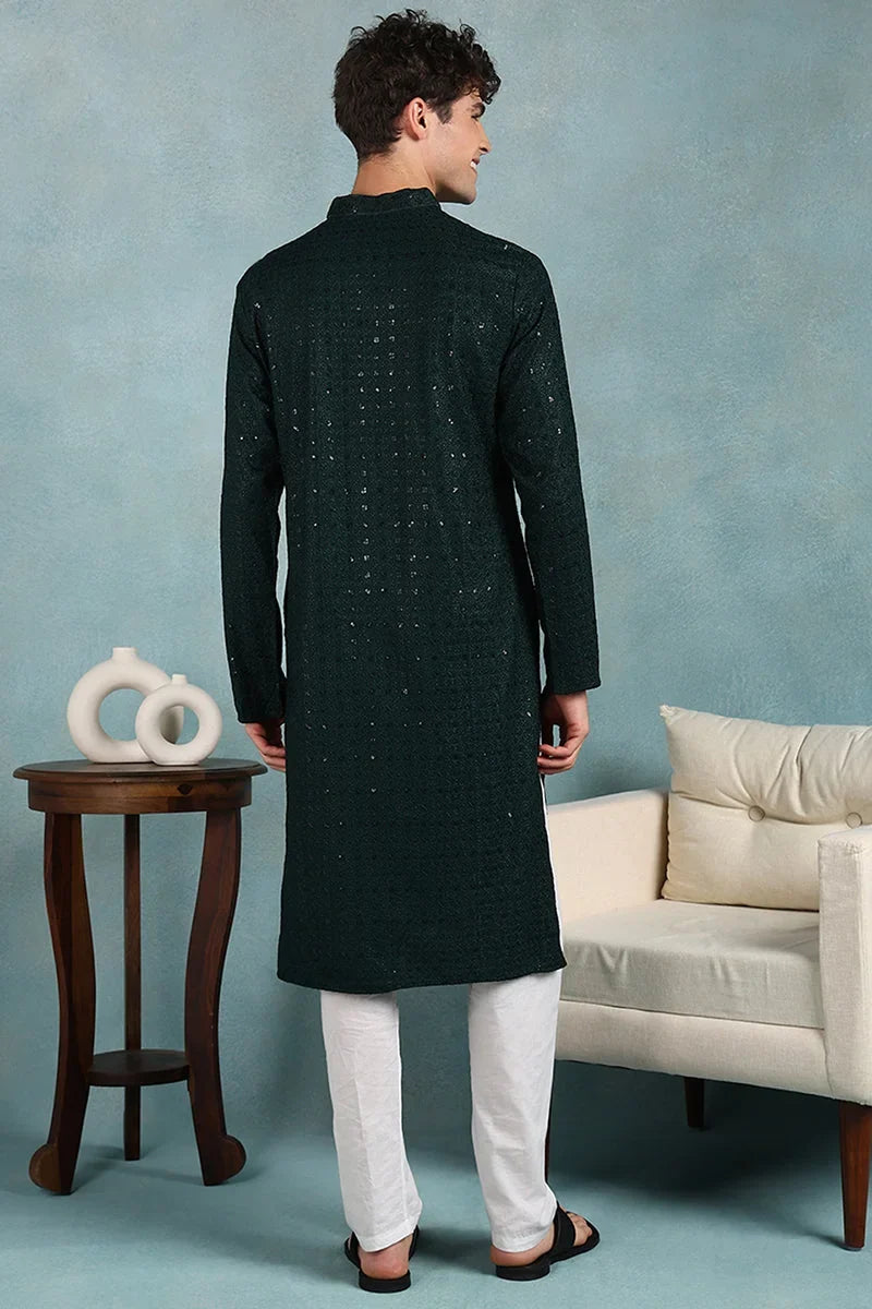 Green Viscose Rayon Solid Embroidered Straight Kurta For Men MKU1022GRN