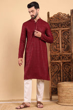 Maroon Viscose Rayon Solid Embroidered Straight Kurta For Men MKU1022MRN