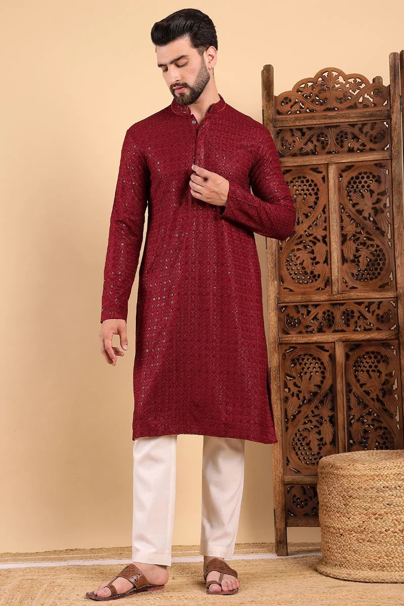 Maroon Viscose Rayon Solid Embroidered Straight Kurta For Men MKU1022MRN