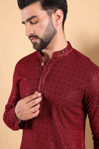 Maroon Viscose Rayon Solid Embroidered Straight Kurta For Men MKU1022MRN