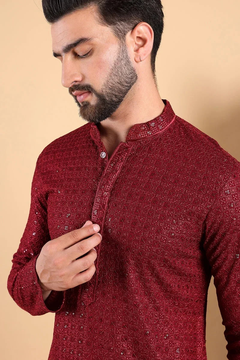 Maroon Viscose Rayon Solid Embroidered Straight Kurta For Men MKU1022MRN