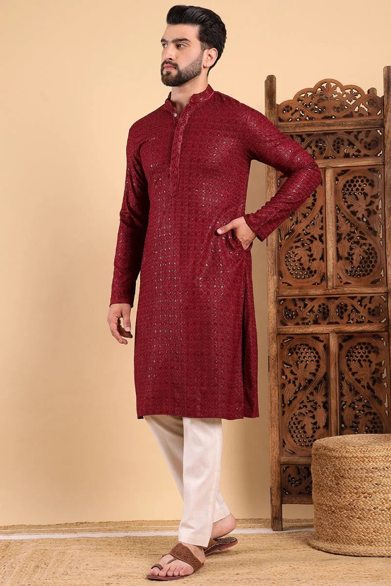 Maroon Viscose Rayon Solid Embroidered Straight Kurta For Men MKU1022MRN