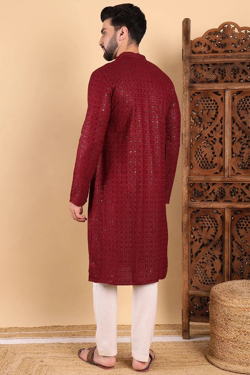Maroon Viscose Rayon Solid Embroidered Straight Kurta For Men MKU1022MRN