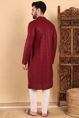 Maroon Viscose Rayon Solid Embroidered Straight Kurta For Men MKU1022MRN