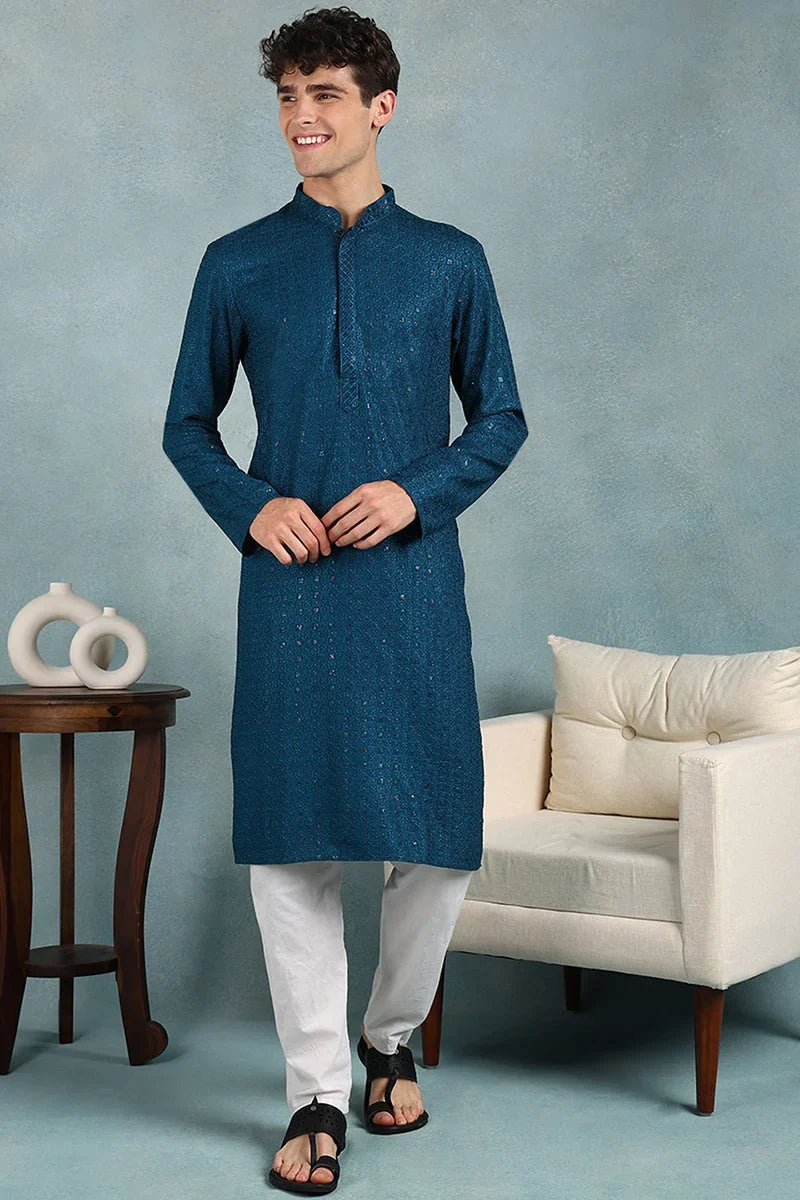 Teal Viscose Rayon Solid Embroidered Straight Kurta For Men MKU1022TIL