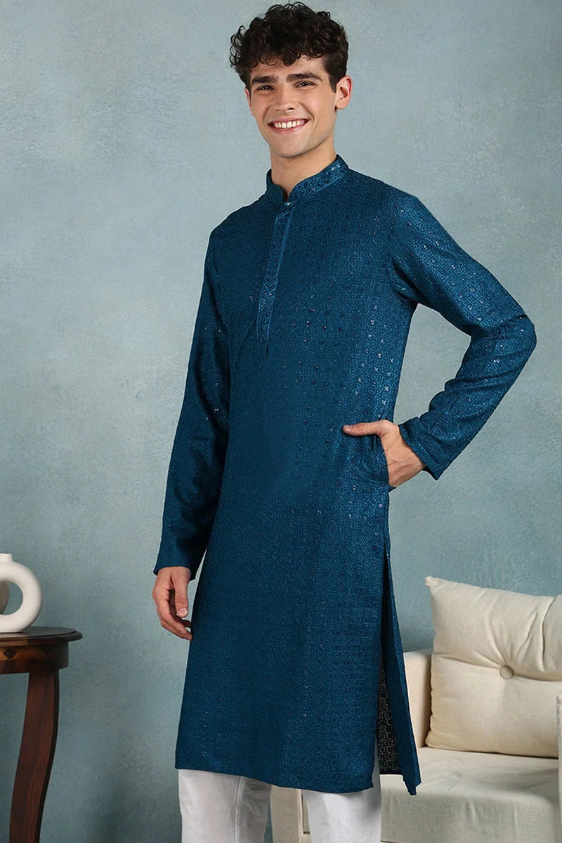 Teal Viscose Rayon Solid Embroidered Straight Kurta For Men MKU1022TIL