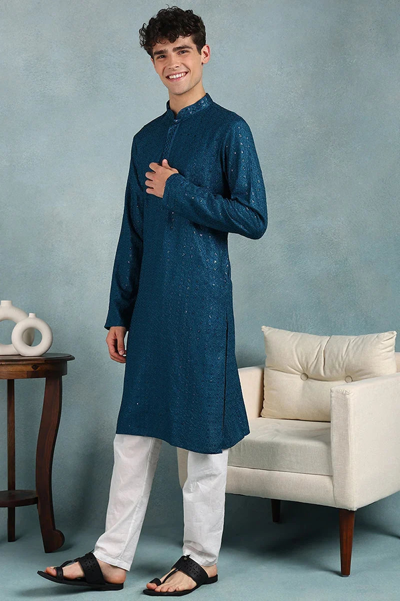 Teal Viscose Rayon Solid Embroidered Straight Kurta For Men MKU1022TIL