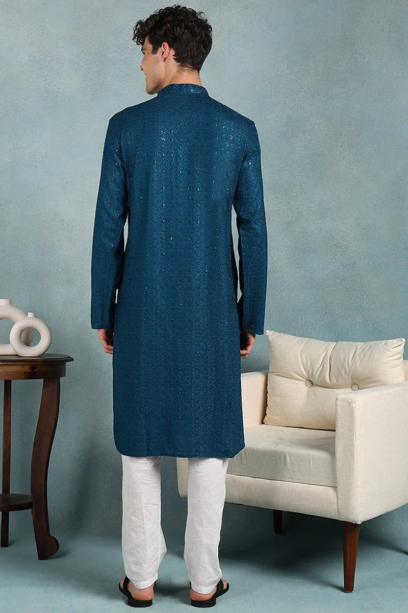 Teal Viscose Rayon Solid Embroidered Straight Kurta For Men MKU1022TIL