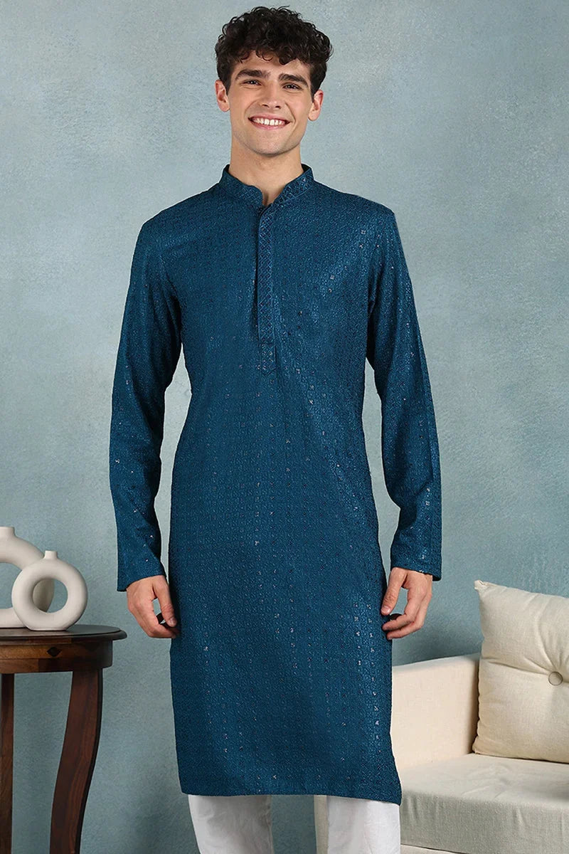 Teal Viscose Rayon Solid Embroidered Straight Kurta For Men MKU1022TIL