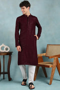 Wine Viscose Rayon Solid Embroidered Straight Kurta For Men MKU1022WIN