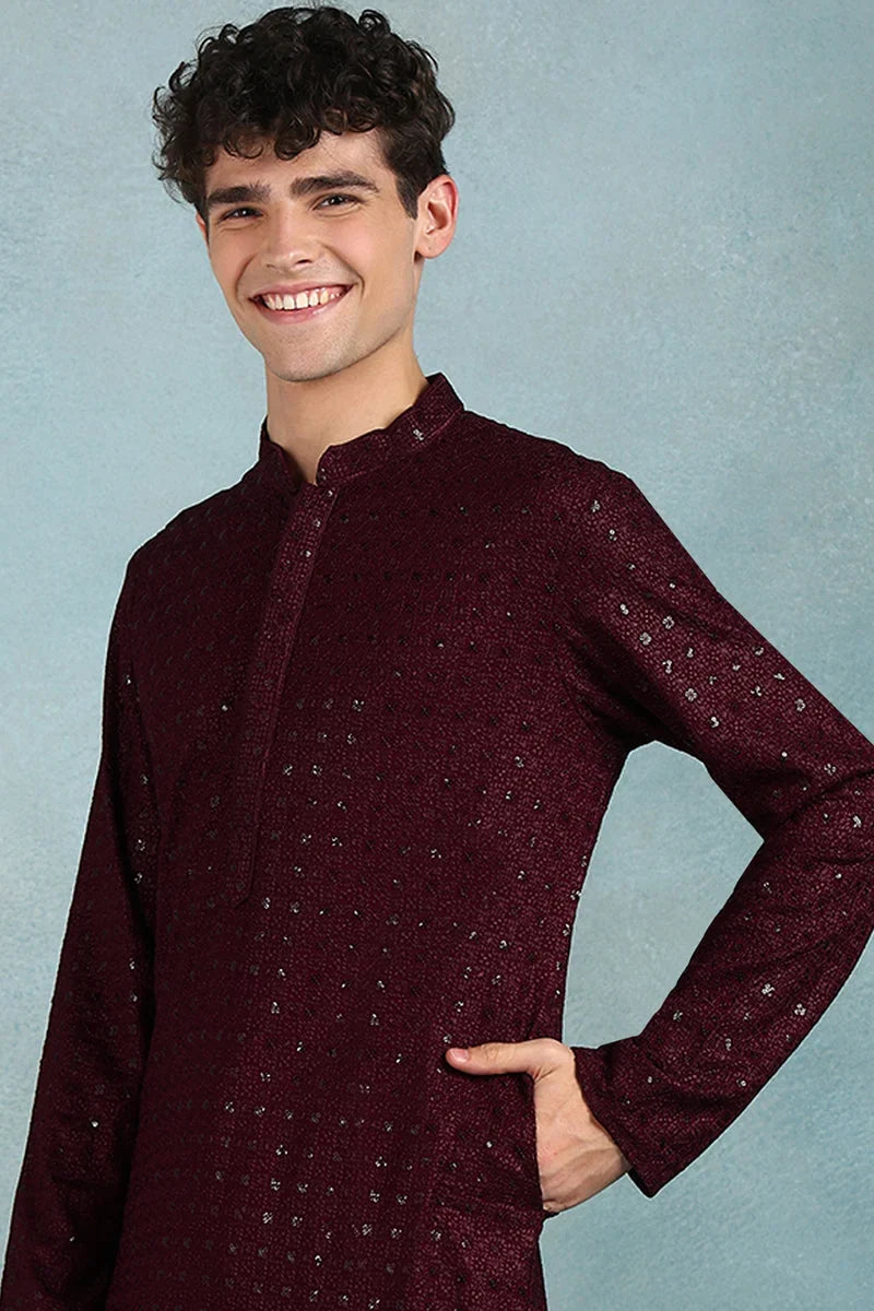 Wine Viscose Rayon Solid Embroidered Straight Kurta For Men MKU1022WIN