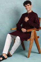 Wine Viscose Rayon Solid Embroidered Straight Kurta For Men MKU1022WIN