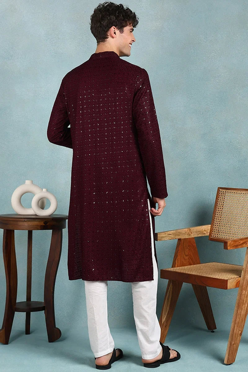 Wine Viscose Rayon Solid Embroidered Straight Kurta For Men MKU1022WIN