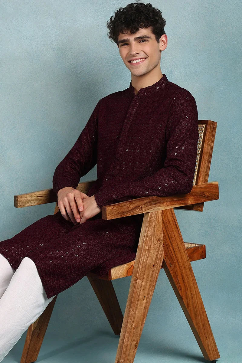 Wine Viscose Rayon Solid Embroidered Straight Kurta For Men MKU1022WIN